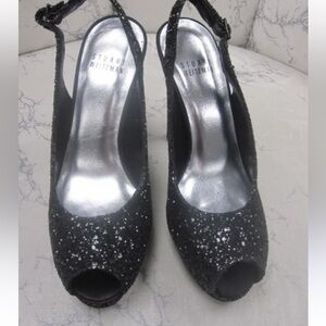 Stuart Weitzman Black Glitter Platform Peep Toe Slingback Pumps Heels 7.5